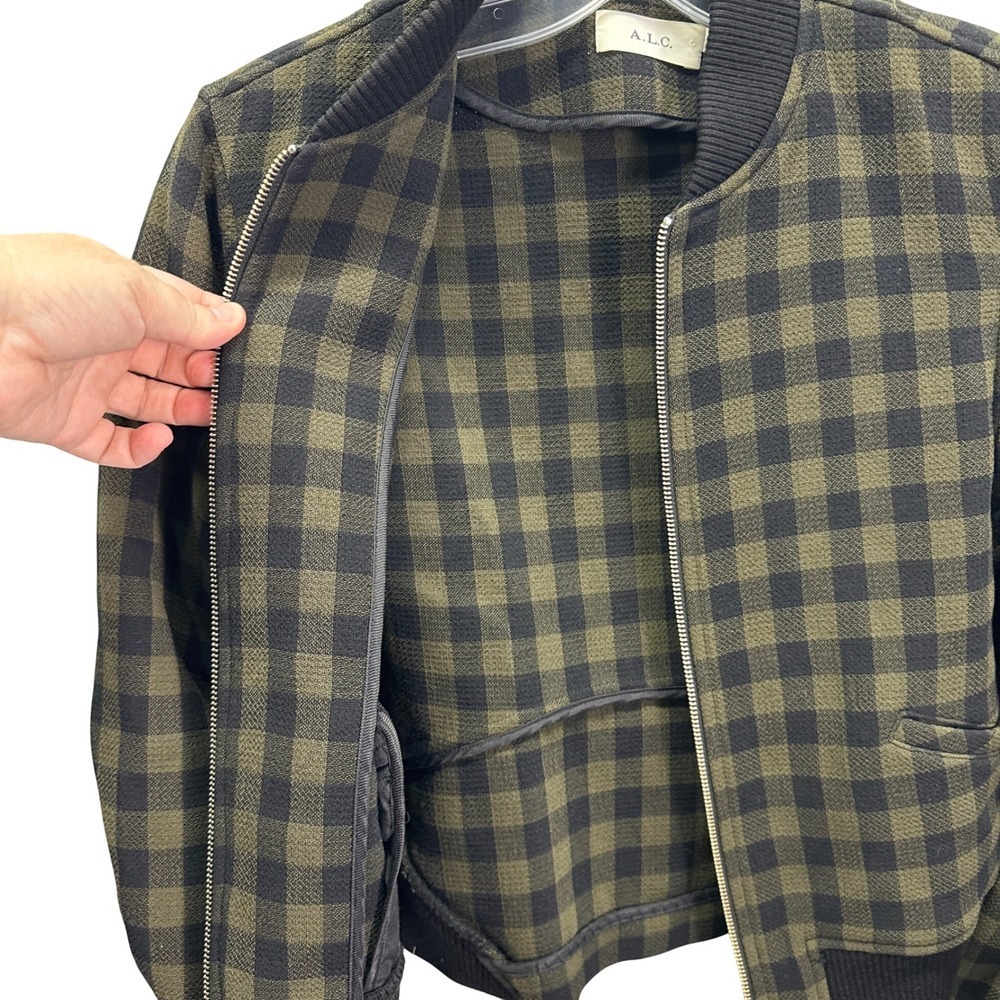 ALC Andrew Buffalo Check Virgin Wool Bomber Jacket Size 6 Olive Green Black - Picture 7 of 7